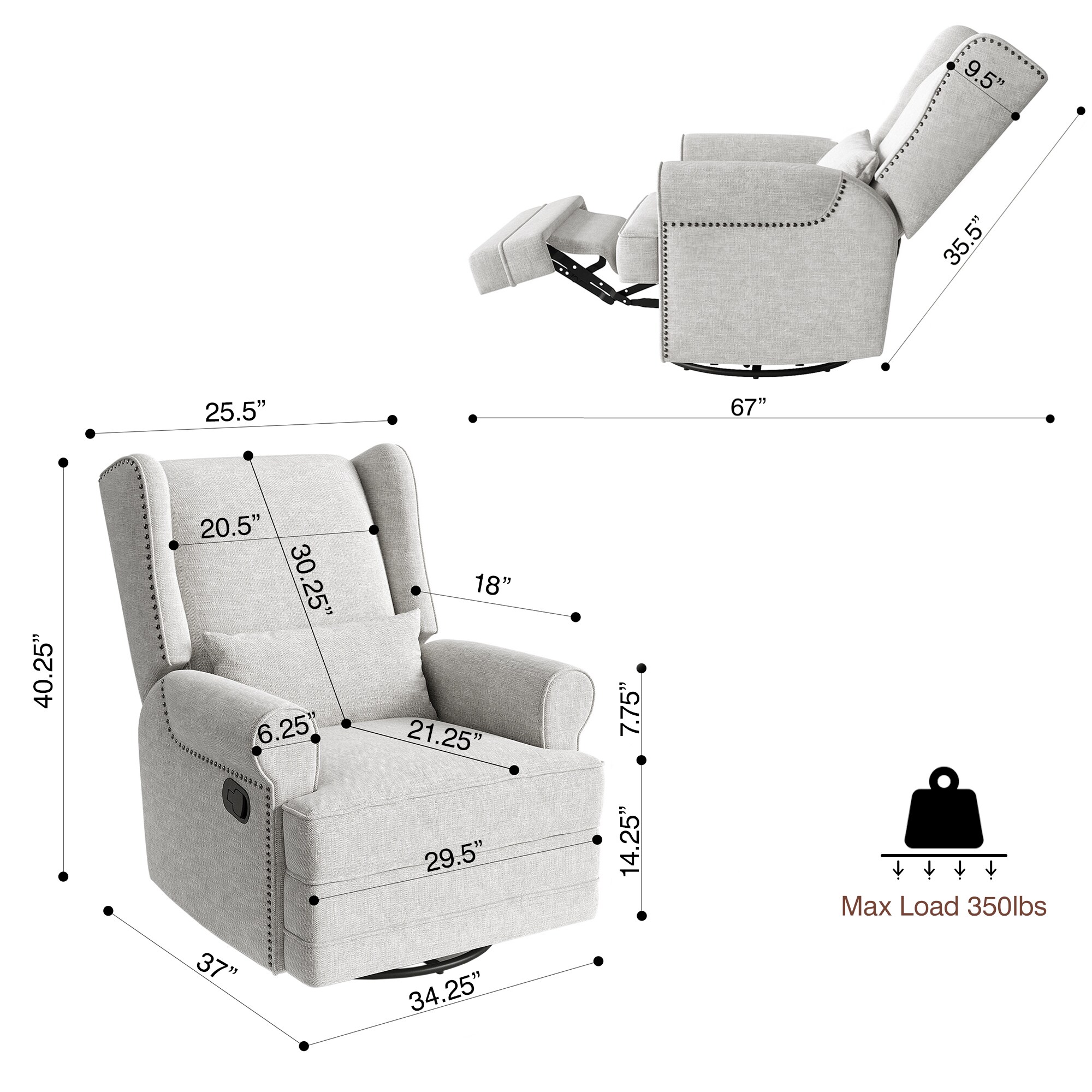 Swivel Recliner Chair, Comfy Glider Rocking Chairs With Lumbar Pillow And Footrest, Upholstered Swivel Rocking Chair For Bedroom,Nursery,Light Gray_maomaolike.com